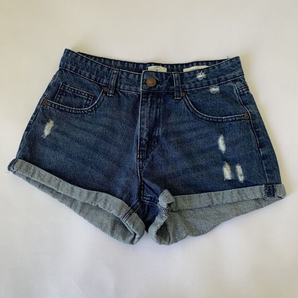 Cotton On Mid Saturday Denim Shorts Women 4 Dark Roll Cuff Distressed Festival - Picture 1 of 8
